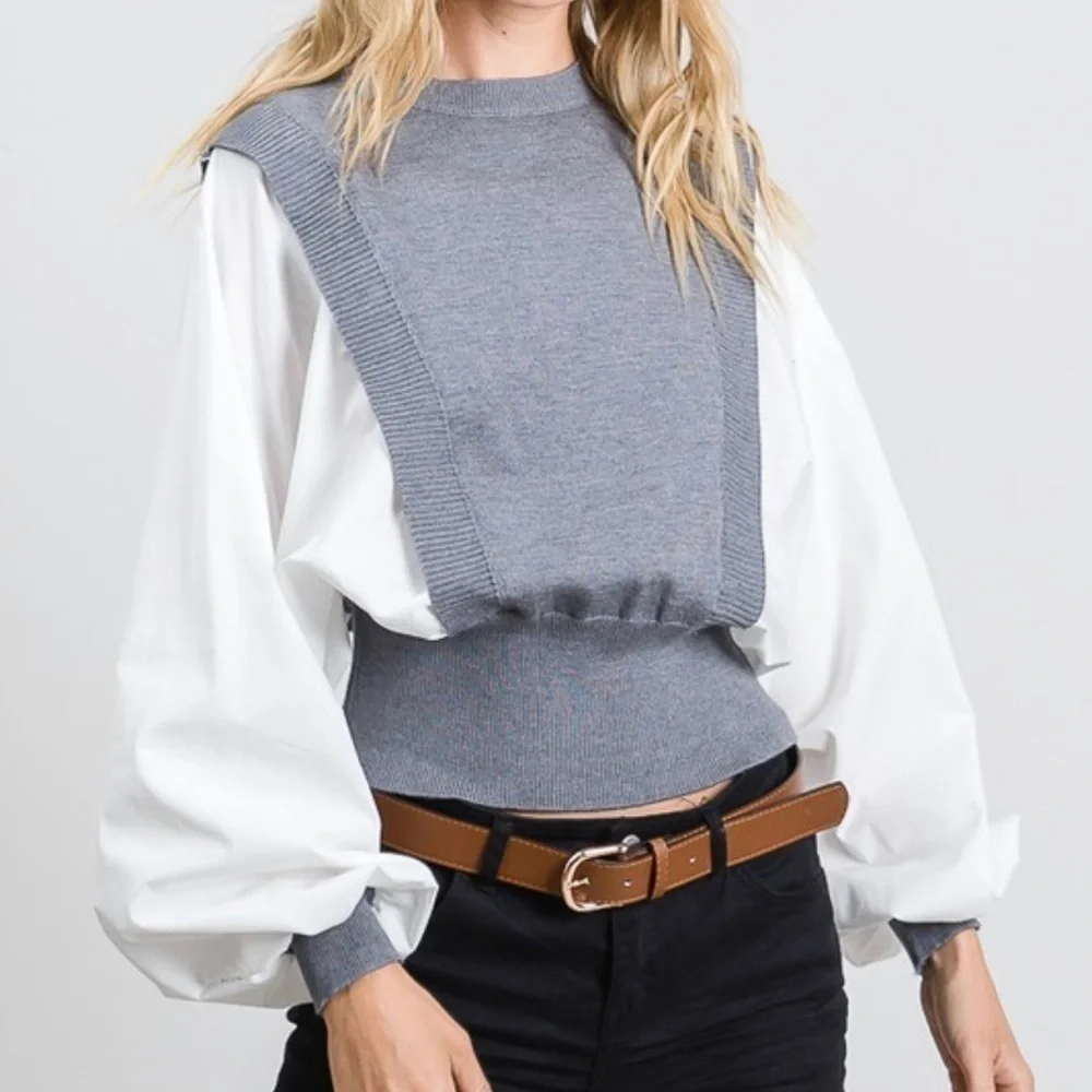 White Ballon Sleeves Top w/Vest - Picture 5 of 5